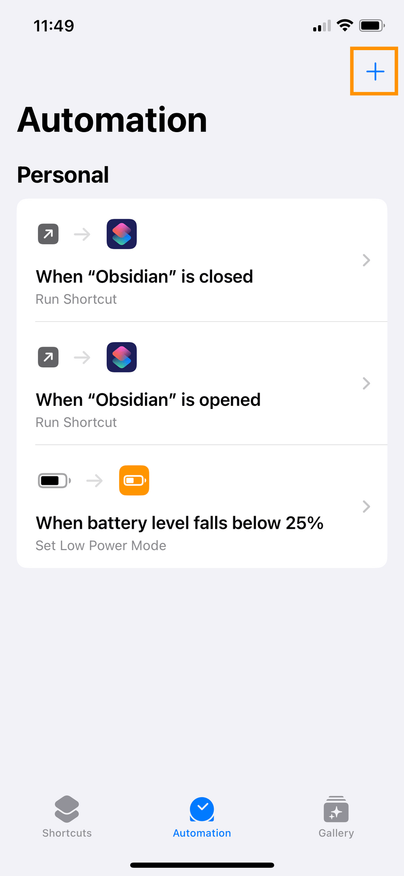 iPhone screenshot of the Automation tab, with the + icon highlighted