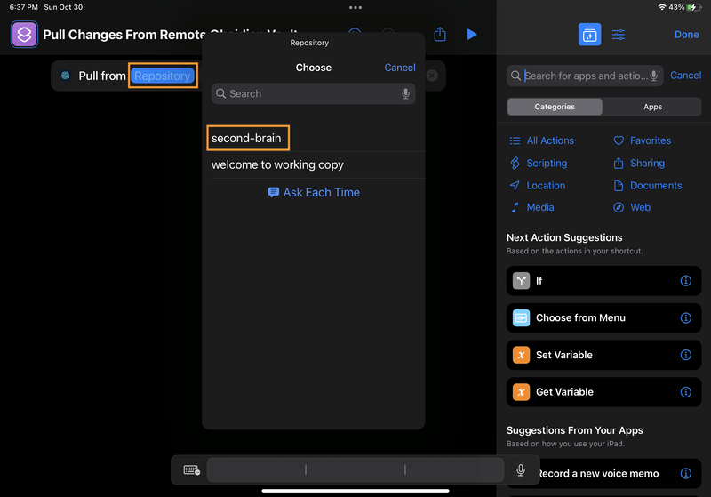 iPad screenshot of Shortcuts. The user clicked on the "Repository" placeholder value, and a modal appeared, showing the repositories available in the Working Copy app. The "second-brain" repo is highlighted.